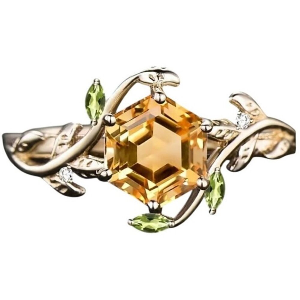 Hexagon Cut Citrine & Peridot Engagement Bridal Ring in Timeless rose gold
